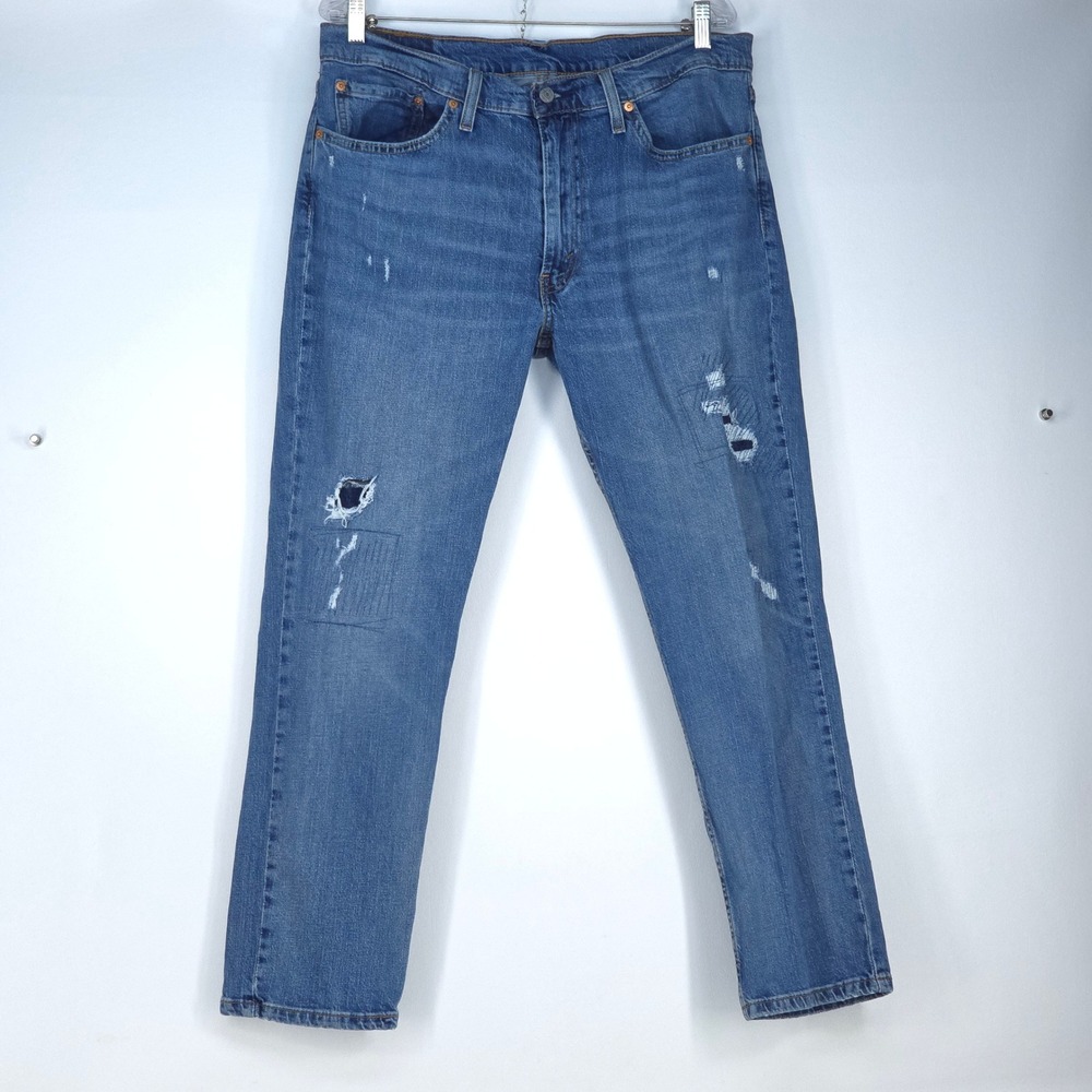 Levi's 511 Denim Jeans Mens 36x30 Faded Stretch Medium Wash Whiskers Distressed - Picture 2 of 16